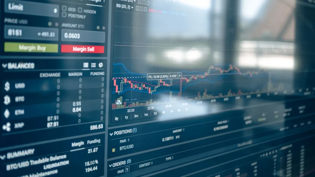 Pantalla con gráficos de trading y datos de mercados financieros